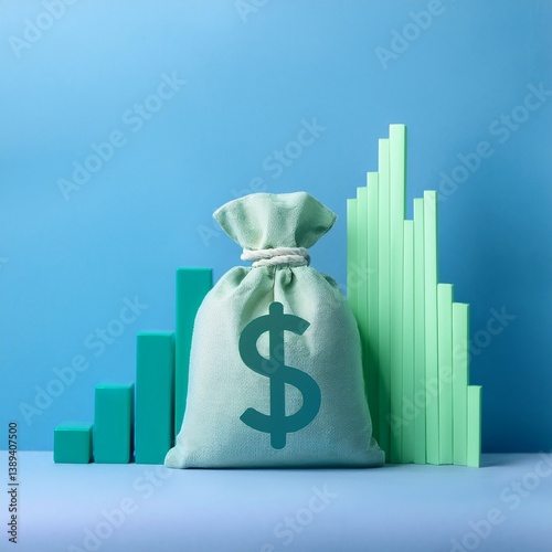 A money bag with a dollar sign is positioned near green bar graphs, symbolizing financial growth and investment.