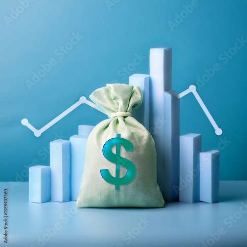 A green money bag with a dollar sign stands in front of blue financial bars and graphs, symbolizing wealth and investment growth.