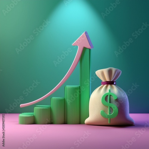 A vibrant graphic illustrating financial growth, featuring an upward trend arrow and a money bag, symbolizing prosperity and investment success.