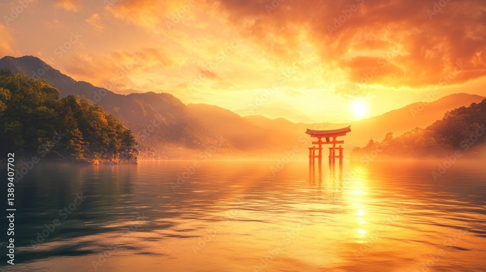 Sunrise, Lake, Torii Gate, Mountains, Japan, Mist, Calm, Golden Hour, Travel, Poster Sunrise, Lake, Torii Gate, Mountains, Japan, Mist, Calm, Golden Hour, Travel, Poster