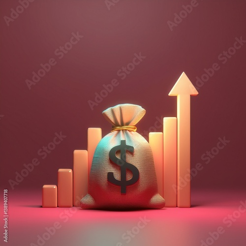 A golden money bag sits in front of an upward-trending graph, symbolizing financial growth and prosperity in a sleek, modern design.