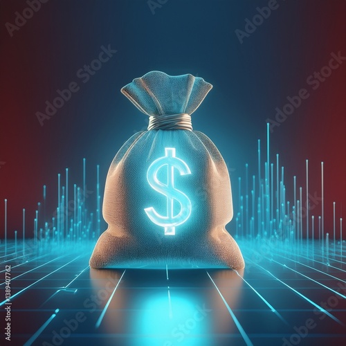 A glowing money bag with a dollar sign, set against a futuristic background, symbolizing wealth and financial technology.
