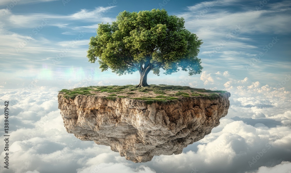 Fototapeta premium Solitary tree on a floating island above clouds; environmental concept; serenity