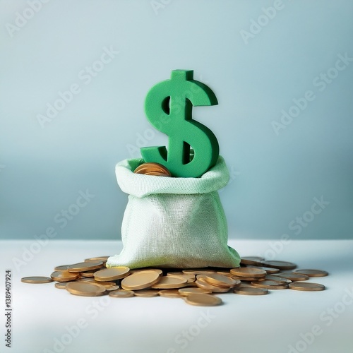 A green dollar sign sits atop a small bag filled with coins, symbolizing wealth and finance, surrounded by scattered coins on a light background.