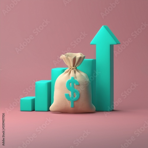 A stylized representation of a money bag with a dollar sign and an upward graph, symbolizing financial growth and investment.