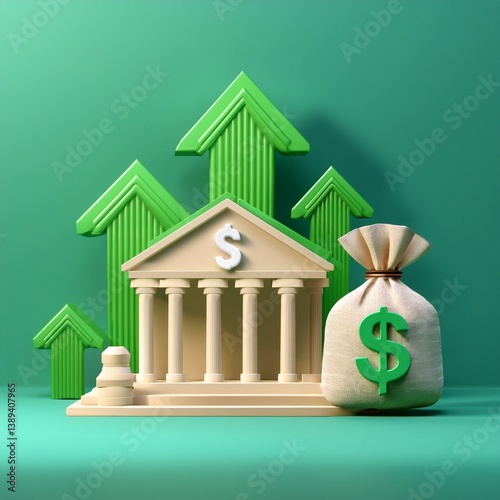 A digital illustration featuring a bank, a money bag, and upward arrows, symbolizing financial growth and prosperity.
