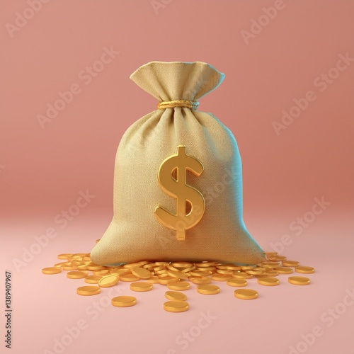 A golden dollar sign bag filled with coins, symbolizing wealth and prosperity, set against a soft pink background.