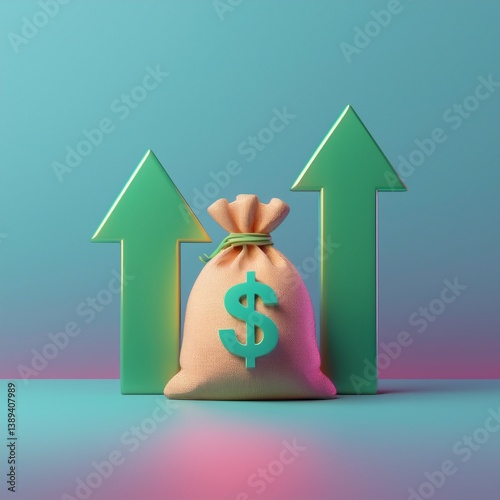 A vibrant graphic of a money bag marked with a dollar sign, positioned between ascending green arrows on a colorful background.
