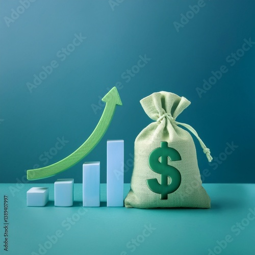 A green money bag with a dollar sign beside bar graphs and an upward arrow, symbolizing financial growth and success.