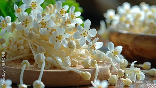 Delicate white flowers arranged on a wooden board with a lush green background creating a serene atmosphere