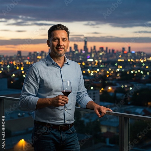 A man in his early 40s standing on a balcony at dusk, city skyline behind him