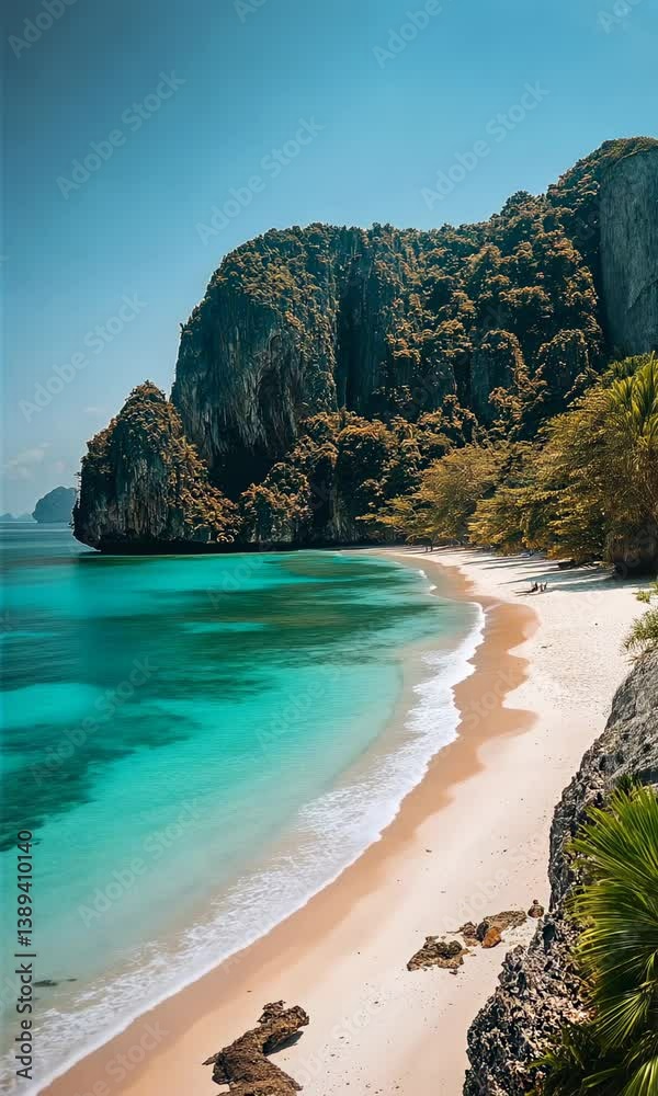 A serene Thai beach with turquoise waters and white sand under a clear sky.