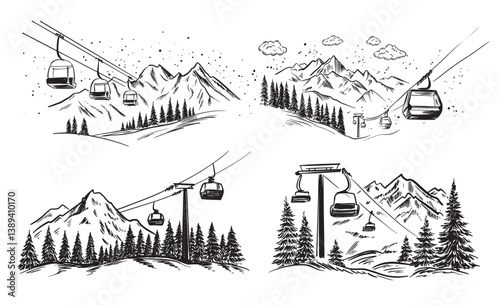 Ski Lift in mountain, Winter, black on white, hand drawn, set Illustration