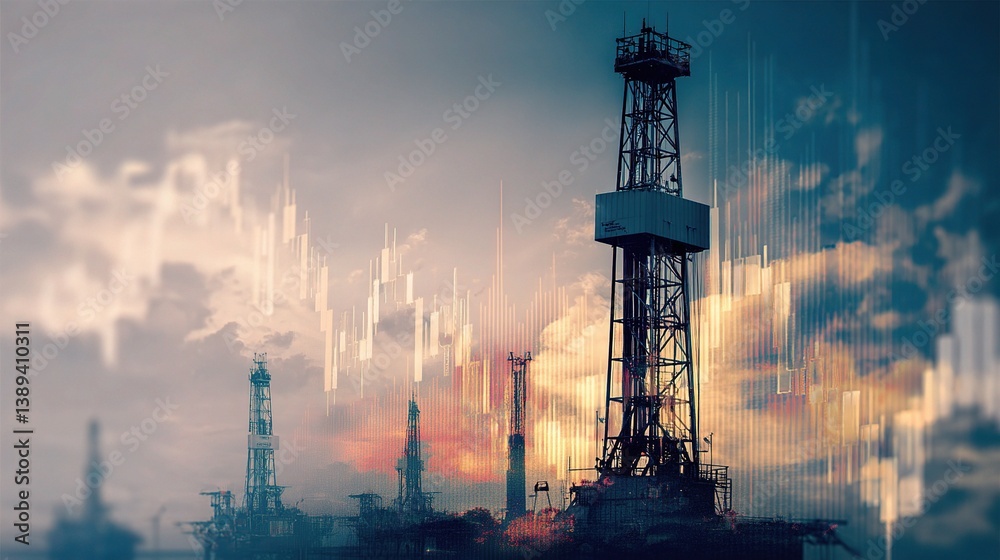 Obraz premium Towering Oil Rig with Financial Charts Overlay in Sunset Background