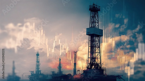 Towering Oil Rig with Financial Charts Overlay in Sunset Background