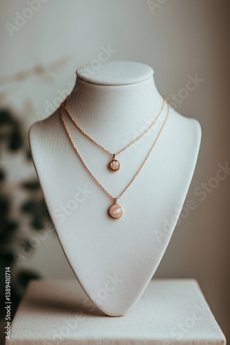 Elegant jewelry display showcasing layered gold necklaces with circular pendants in a serene indoor setting