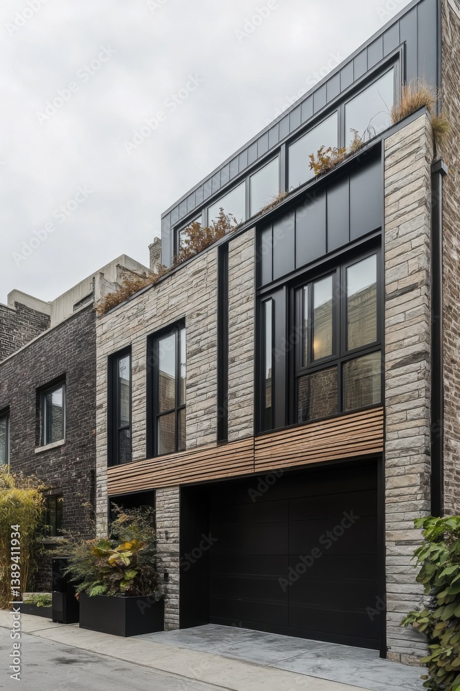 Modern residential architecture showcasing a sleek facade with a blend of stone and wood elements in an urban setting during a cloudy day Modern residential architecture showcasing a sleek facade with a blend of stone and wood elements in an urban setting during a cloudy day