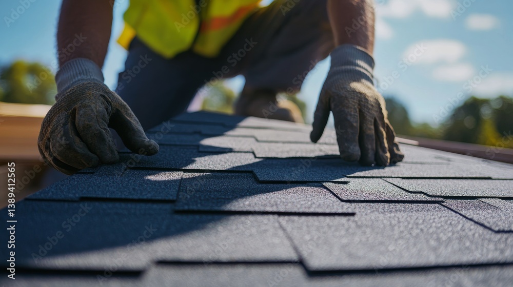 A construction worker installing roofing at a building site. Featuring expertise and care A construction worker installing roofing at a building site. Featuring expertise and care