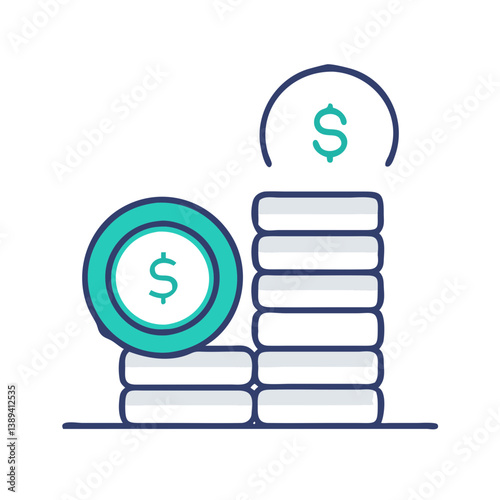 Vector illustration of stacked coins and dollar symbols representing financial growth and investment opportunities in a modern design that conveys wealth and prosperity.