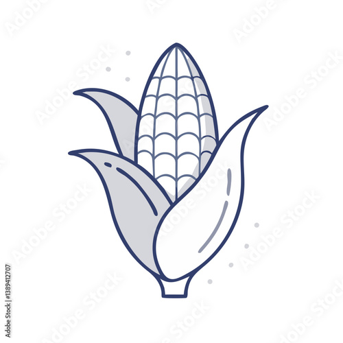 Stylized illustration of a corn cob with leaves, representing agricultural harvest, culinary ingredients, and farm-fresh produce, ideal for food-related designs and eco-friendly concepts.