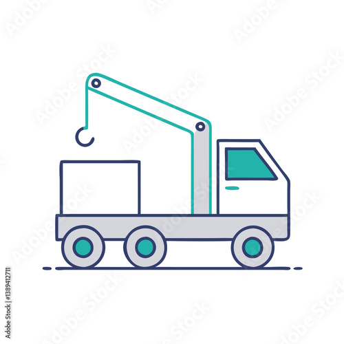 Illustration of a crane truck lifting a cargo box, showcasing construction and transportation logistics, representing heavy lifting and industrial work in urban settings.