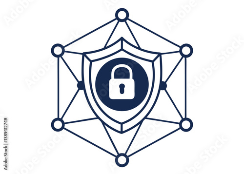Secure digital network protection emblem with shield and padlock symbolizing cybersecurity and data privacy for modern businesses and technology solutions