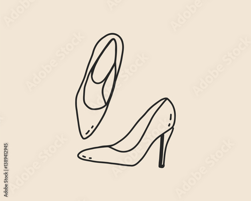 Line art woman shoe heels. Coquette whimsical hand drawn doodle sketch of fashion wedding shoes. Vector outline illustration