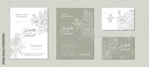Line art rose flower wedding card design. Hand drawn floral pattern background template. Elegant luxury spring botanical border invitation. Vector decoration illustration