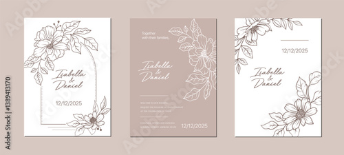 Line art abstract flower wedding card design. Hand drawn floral pattern background template. Elegant luxury spring botanical border invitation. Vector vintage decoration illustration