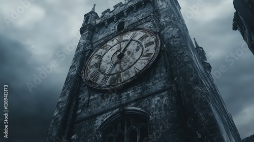 medieval tower with an ancient clock face, worn by centuries of weather.