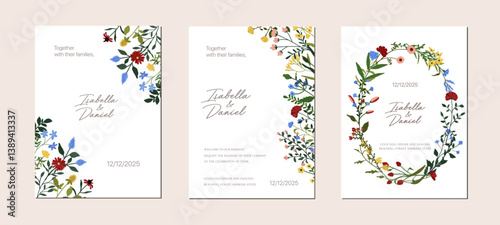 Spring flower wedding card design. Watercolor wildflower frame poster background template. Birthday party floral summer abstract decoration invitation.  Vector illustration