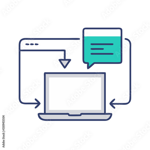 Flat icon of a laptop with chat messages and arrows, symbolizing online communication, digital interaction, messaging systems, and remote connectivity
