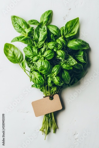Clean white background with bundled holy basil and small kraft name tag, symmetrical placement