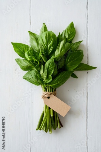 Clean white background with bundled holy basil and small kraft name tag, symmetrical placement