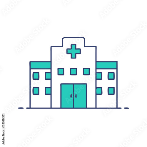 Illustration of a modern hospital building featuring a prominent red cross symbol, representing healthcare services, community medical facilities, and the importance of health and wellness.
