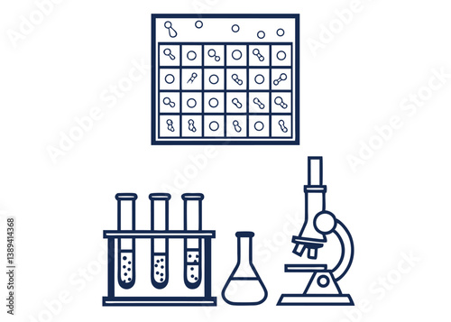 Laboratory analysis illustration with microscope, test tubes, and flask, perfect for medical research, scientific exploration, and healthcare innovation