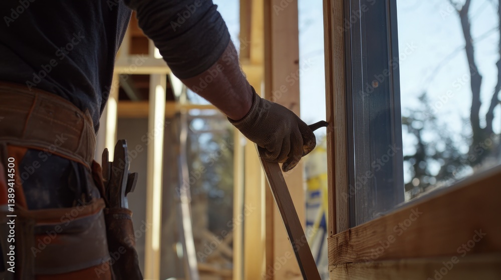 A construction worker installing windows at a building site. Featuring precision and teamwork A construction worker installing windows at a building site. Featuring precision and teamwork