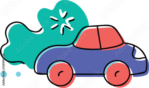 Cartoon car speeding with dynamic motion lines and burst symbol, perfect for kids' illustrations, animations, and playful designs, vibrant and fun!