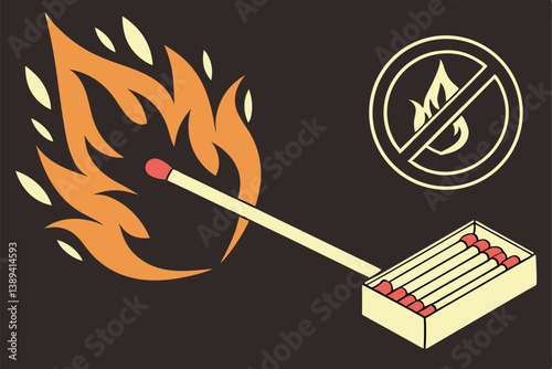 67 Burning match illustration, flaming matchstick icon, no matches allowed sign, fire safety symbol, minimalist design, orange and yellow flames, black background, circular prohibition symbol, warning