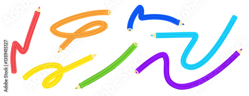 Vector illustration set of cute twisted pencils in rainbow colours. Abstract tangled writing pens in cartoon style. Simple flat icons for school and children.
