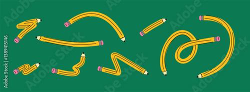Vector illustration set of cute simple graphite twisted pencils. Abstract tangled writing pens in cartoon style. Simple flat icons for school and children.