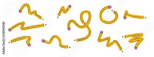 Vector illustration set of cute simple graphite twisted pencils. Abstract tangled writing pens in cartoon style. Simple flat icons for school and children.