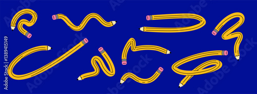 Vector illustration set of cute simple graphite twisted pencils. Abstract tangled writing pens in cartoon style. Simple flat icons for school and children.