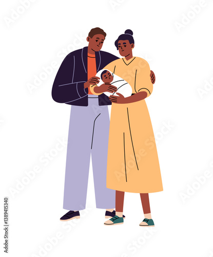 Happy family with baby on hands. Joyful black parents with little kid stand, hug together. Mother and father love, care, hold newborn, infant. Flat isolated vector illustration on white background
