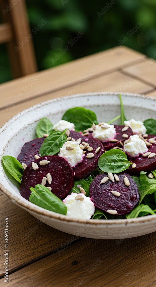 Fresh beetroot and goat cheese salad on spinach with sunflower seeds for healthy eating and dining