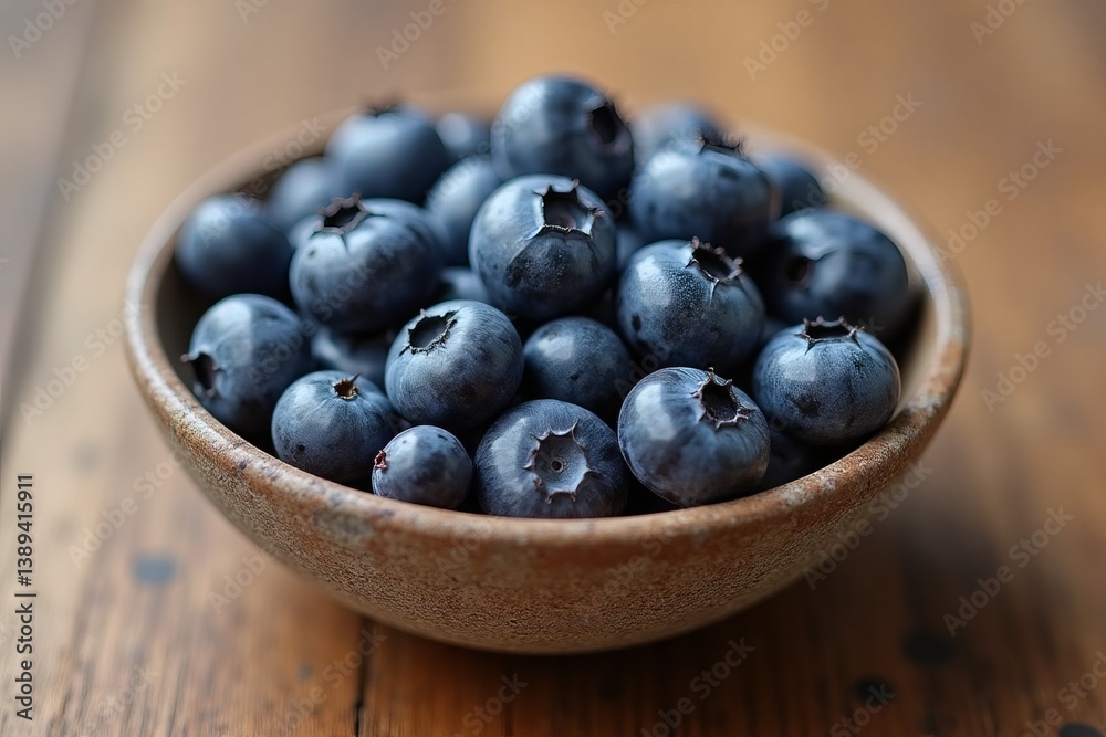 Fresh blueberries in rustic bowl representing healthy snacking on wooden background Fresh blueberries in rustic bowl representing healthy snacking on wooden background