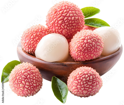 Fresh lychee fruits in a wooden bowl.