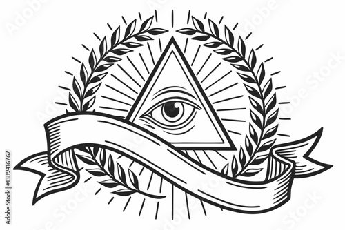 68 Illuminati symbol, all-seeing eye, triangle, laurel wreath, detailed illustration, black and white, engraving style, symmetrical design, mystic, occult, esoteric, banner, rays of light, intricate l