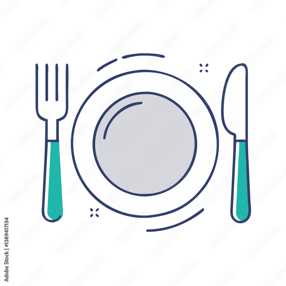 Minimalist illustration of a plate set with a fork and knife, emphasizing dining concepts, clean design for menu templates, food blogs, and restaurant materials, showcasing modern culinary aesthetics. Minimalist illustration of a plate set with a fork and knife, emphasizing dining concepts, clean design for menu templates, food blogs, and restaurant materials, showcasing modern culinary aesthetics.