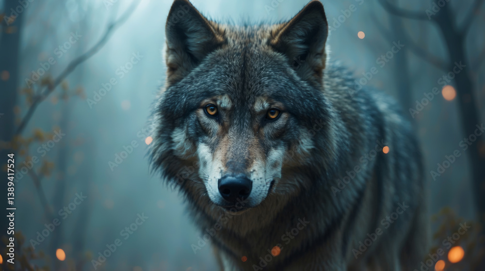 Fototapeta premium A lone wolf stands amidst a night forest, its gaze piercing